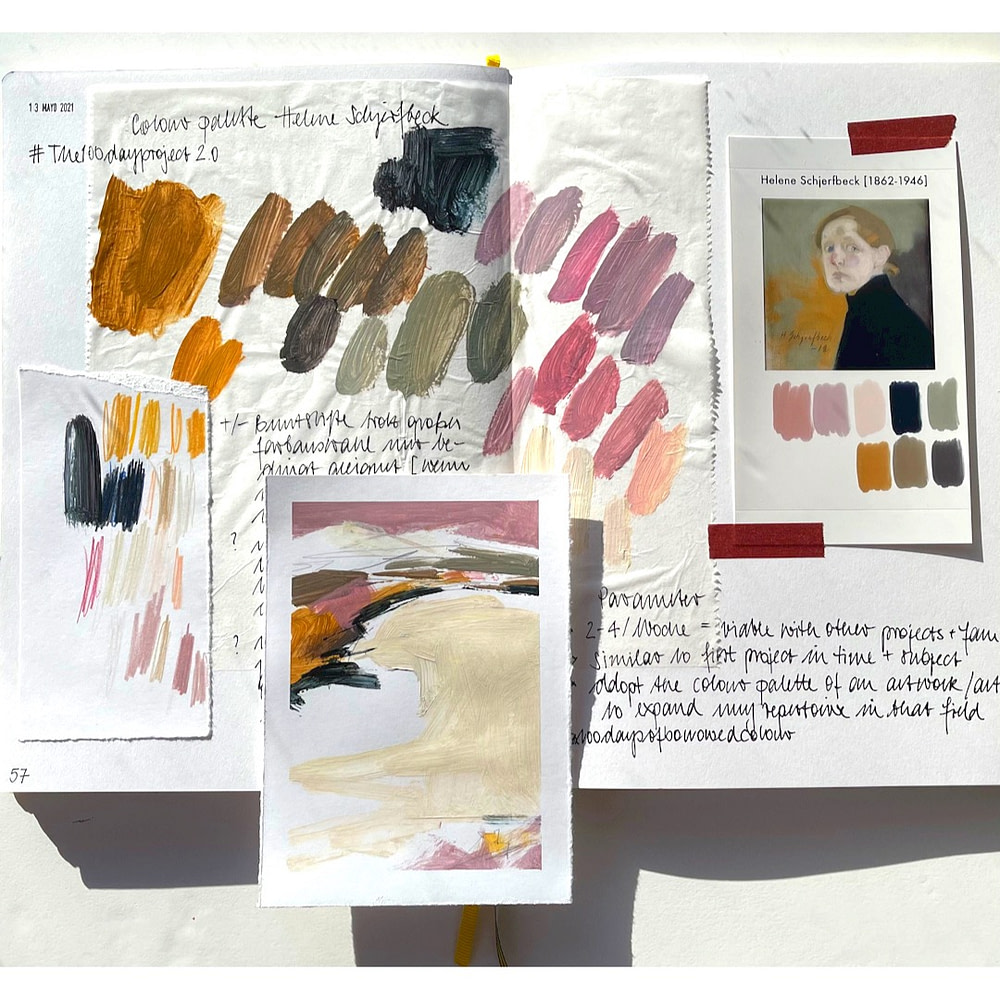 open sketchbook with an imagen of the reference artwork by Helene Schjerfbeck and the digitally and manually extracted colour palette - on top the first abstract landscape using the current palette