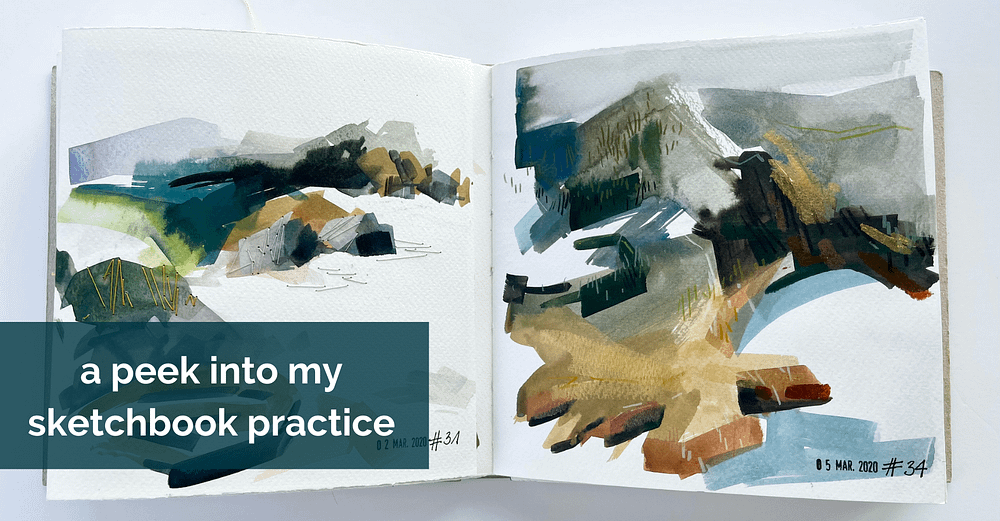 An open sketchbook showing a gouache painting of the Galician coast with hand stitching open sketchbook with a gouache painting of the Galician coast in earthy colours on each of the two square pages and text overlay