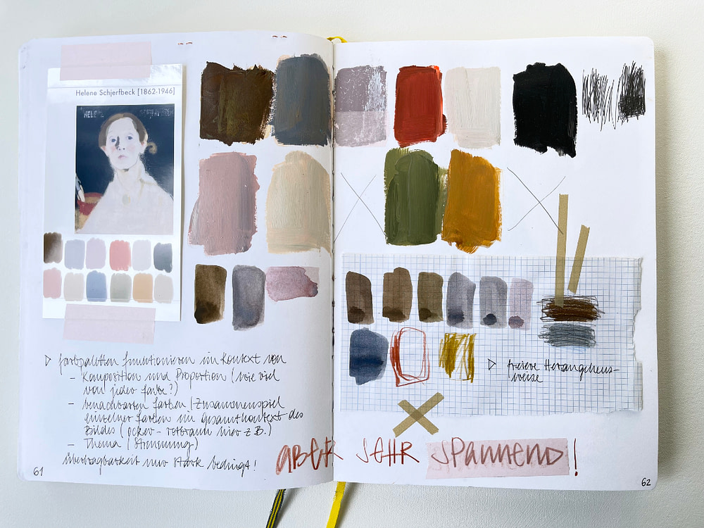 Sketchbook page exploring the colour palette of one of Helene Schjerfbeck´s paintings