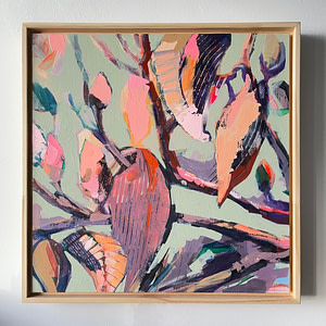 Original contemporary acrylic Magnolia painting in a natural wooden frame - 40 x 40 cm