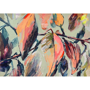 Contemporary abstract Magnolia painting in sage green, flesh tones and dark accents colour