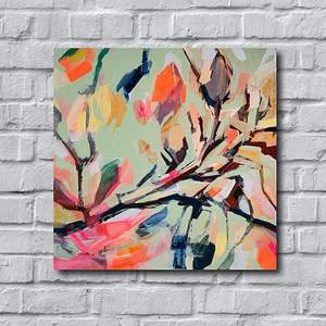 Original Magnolia painting shown on a white brick wall