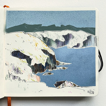 Sketchbookpage of the Galician coast with pencil and spraypaint - October 2020 Drawing of the Galician coast with pencil and colour pencil and background and water in gradient spraypaint