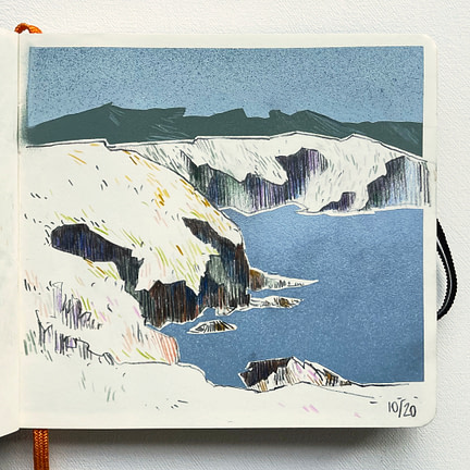 Drawing of the Galician coast with pencil and colour pencil and background and water in gradient spraypaint