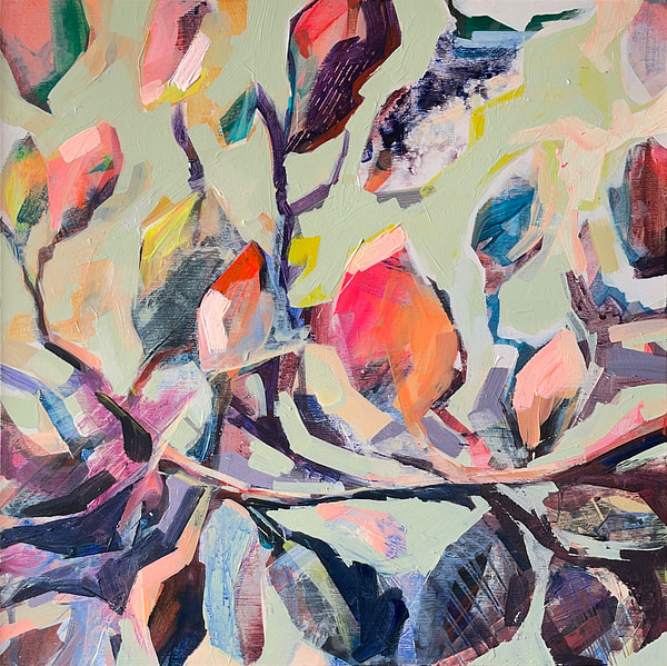 Modern abstract Magnolia painting in sage green, light pink, orange, pink and dark tones