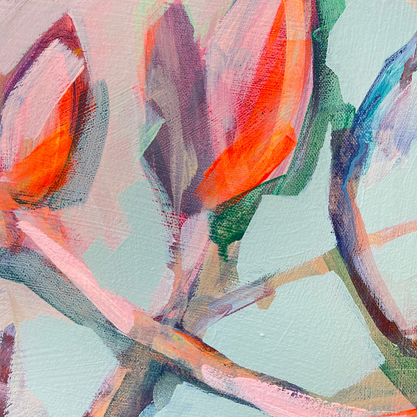 Detail of a vibrant contemporary Magnolia painting in sage green and flesh tones and hints of yellow
