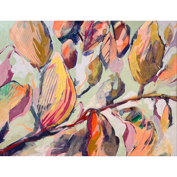 Contemporary abstract Magnolia painting in sage green, flesh and ochre tones