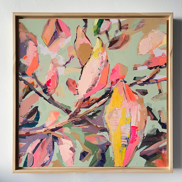 Original acrylic Magnolia painting in a natural wooden frame - 40 x 40 cm