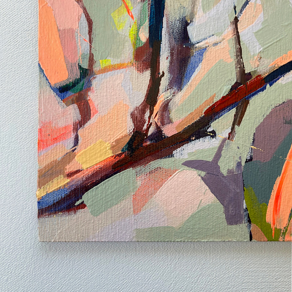 Detail of a vibrant contemporary Magnolia painting in sage green and warm orange tones