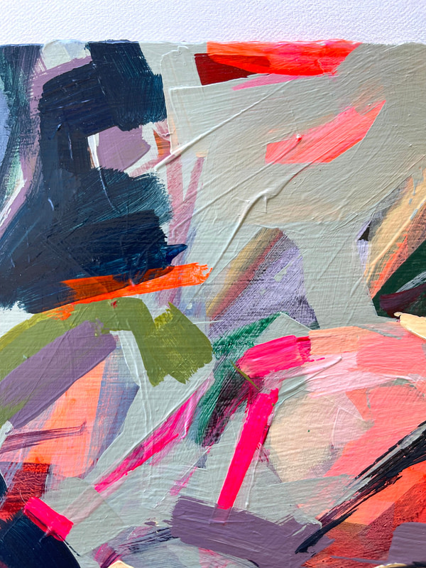 Detail of a vibrant contemporary Magnolia painting in sage green, pink and dark tones