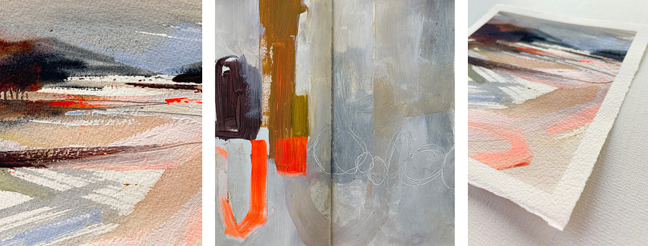 Abstract landscape painting with a sketchbook spread showing the colour palette
