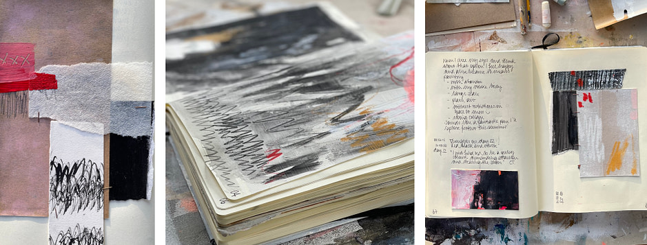 A Series of sketchbook pages showing collage work